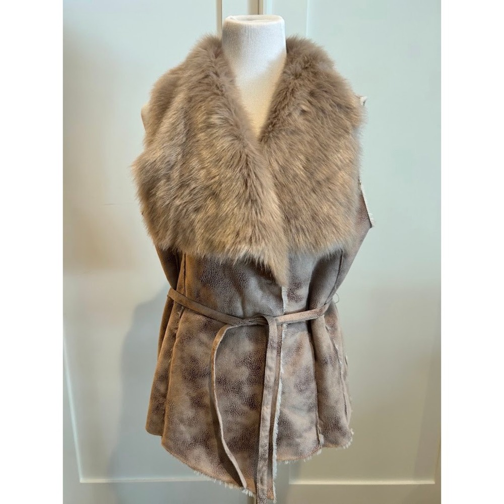 Women's Faux Fur Collar Suede Like Vest Tie Waist Outerwear Layer Dennis‎ Basso